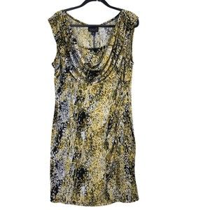 Vintage 90s Yellow and Grey Animalistic Waterfall, Scoop Neck Dress Plus sz 18